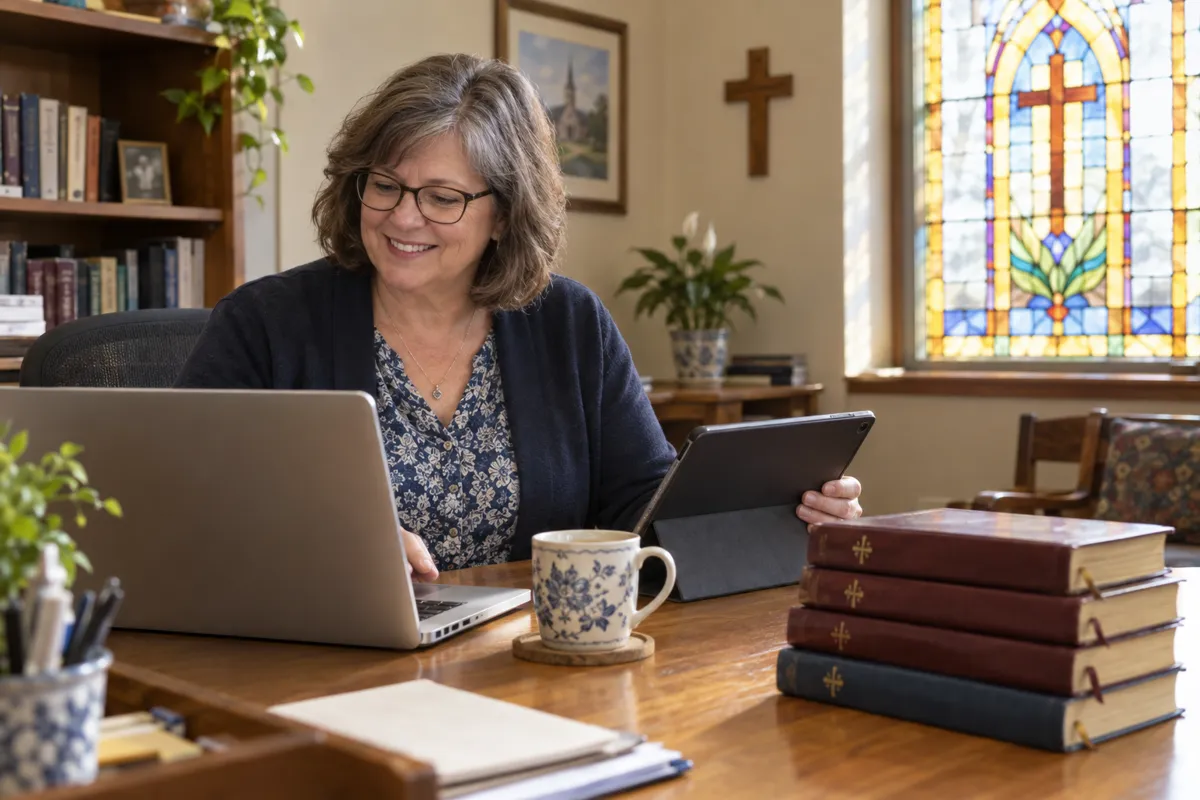 A church administrator smiling while working on a laptop in a warm church office